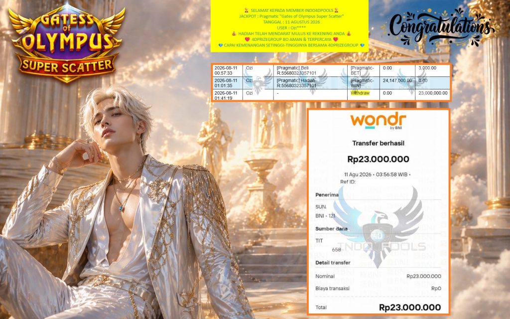 INDO4DPOOLS JACKPOT Pragmatic “Gates of Olympus Super Scatter” Rp23.000.000,- LUNAS