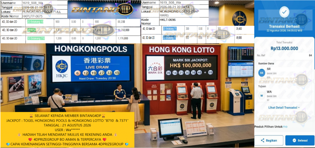 BINTANG4DP JACKPOT TOGEL HONGKONG POOLS & HONGKONG LOTTO “8710 & 7371” Rp13.000.000,- LUNAS