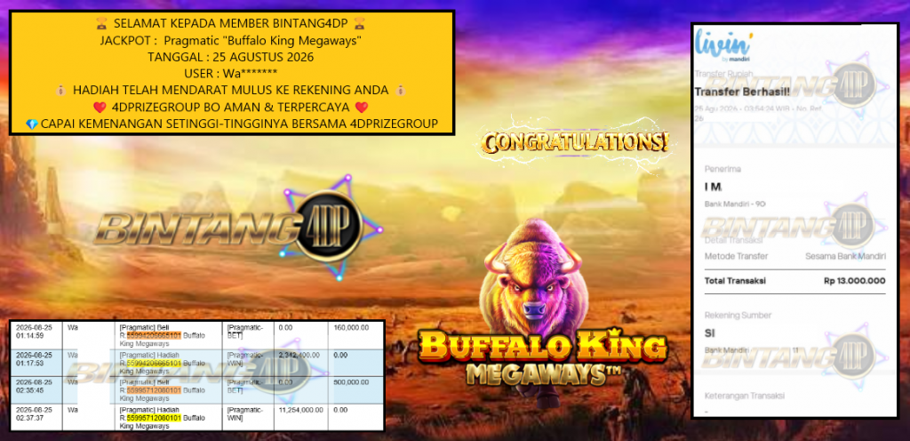 BINTANG4DP JACKPOT Pragmatic โBuffalo King Megawaysโ Rp13.000.000,- LUNAS