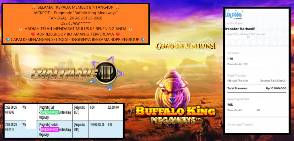 BINTANG4DP JACKPOT Pragmatic “Buffalo King Megaways”‎‏‏‎‎ Rp10.000.000,- LUNAS