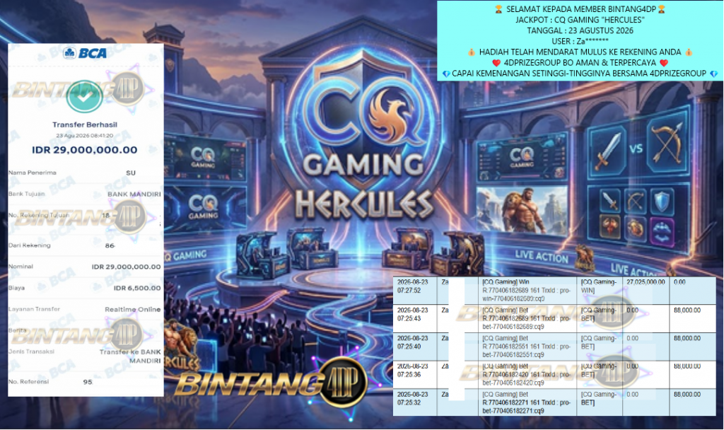 BINTANG4DP JACKPOT CQ GAMING “HERCULES” Rp29.000.000,- LUNAS