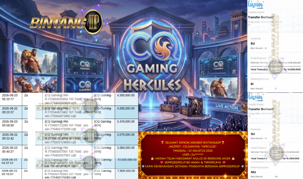 BINTANG4DP JACKPOT CQ GAMING “HERCULES”‎‏‏ Rp31.000.000,- LUNAS