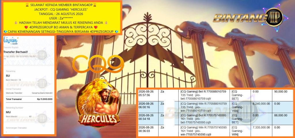 BINTANG4DP JACKPOT CQ GAMING “HERCULES” Rp11.000.000,- LUNAS
