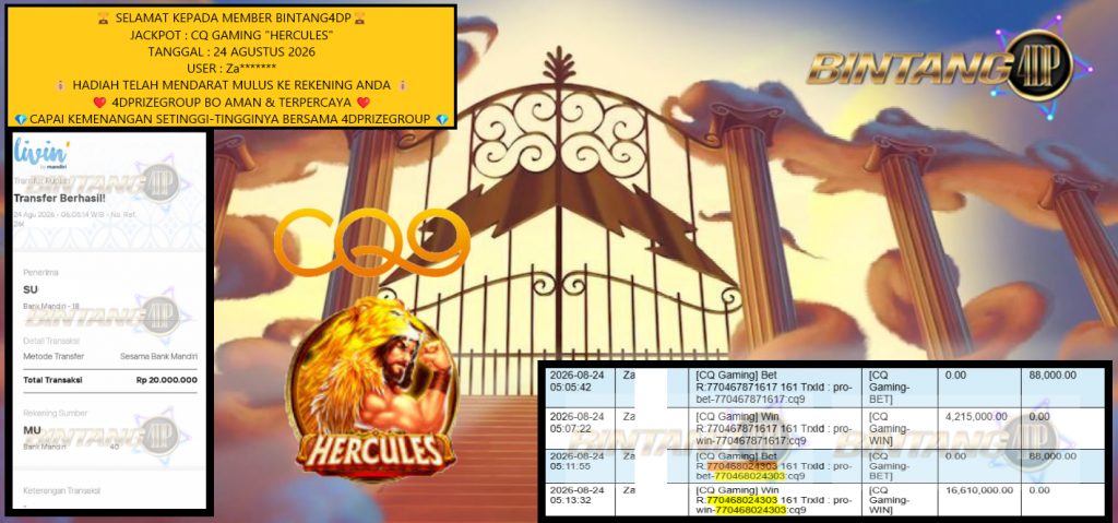 BINTANG4DP JACKPOT CQ GAMING “HERCULES” Rp20.000.000,- LUNAS