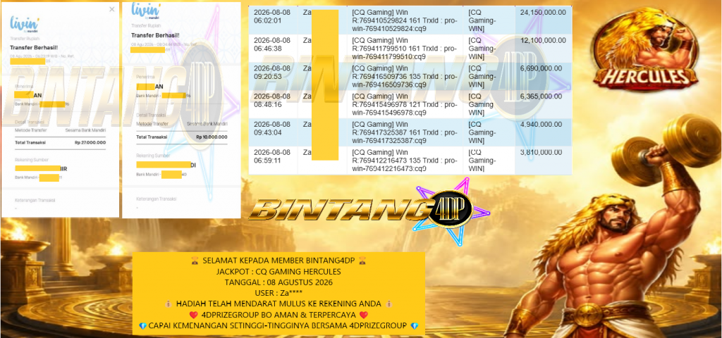 BINTANG4DP JACKPOT CQ GAMING ”HERCULES” Rp.47.000.000,- LUNAS