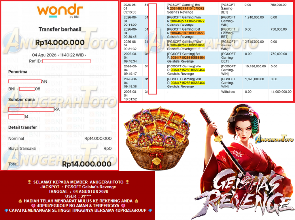ANUGERAHTOTO JACKPOT PGSOFT “Geisha’s Revenge”‎‎‏‏ ‎‎‏‏‎‎‏‏Rp14.000.000,- LUNAS