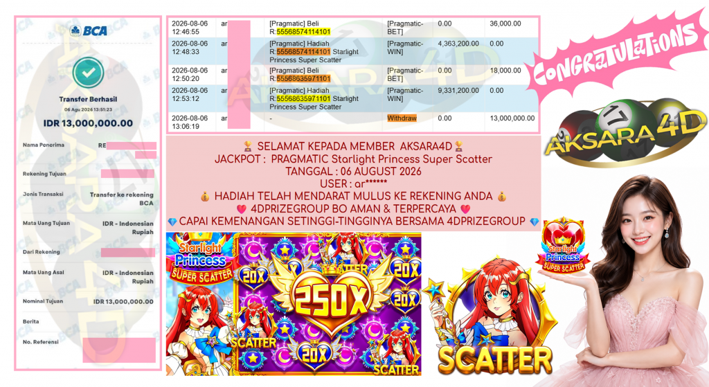 AKSARA4D JACKPOT PRAGMATIC ” Starlight Princess Super Scatter ” Rp 13,000,000,- LUNAS
