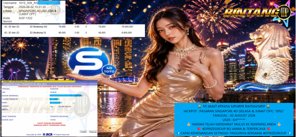 BINTANG4DP JACKPOT PASARAN ” SINGAPORE 4D (SELASA & JUMAT OFF) ”3052” ” Rp 50,000,000,- LUNAS