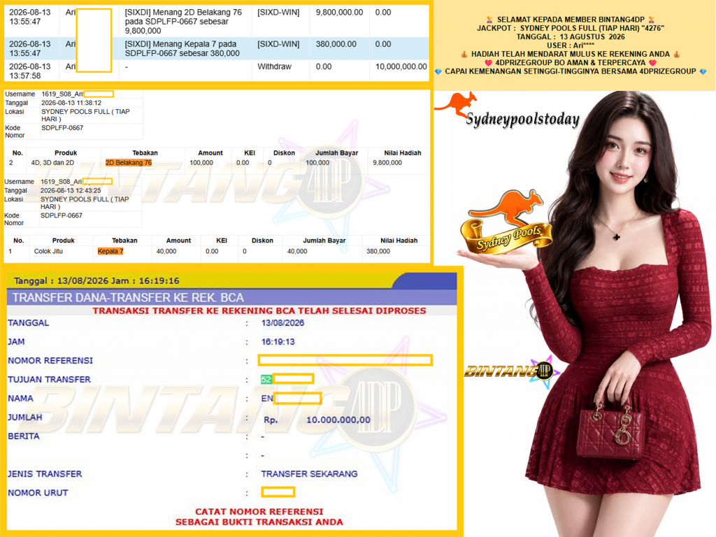 BINTANG4DP JACKPOT SYDNEY POOLS FULL (TIAP HARI) “4276”‎‏‏‎ Rp10.000.000,- LUNAS