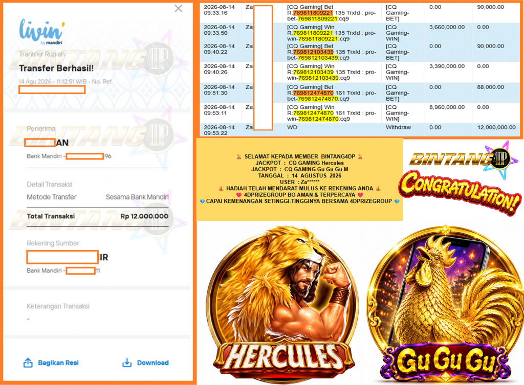 BINTANG4DP JACKPOT CQ GAMING βHerculesβ & βGu Gu Gu Mβ Rp12.000.000,- LUNAS