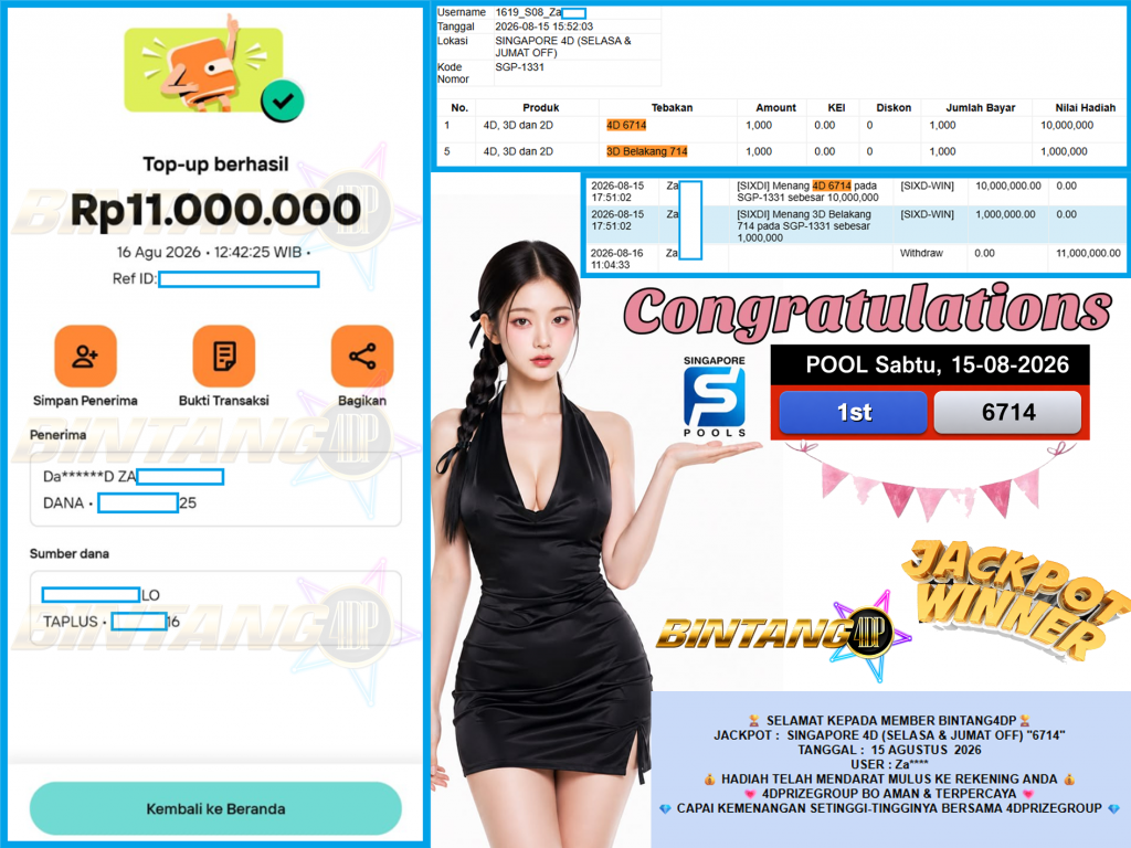 BINTANG4DP JACKPOT SINGAPORE 4D (SELASA & JUMAT OFF) β6714βββββ Rp11.000.000,- LUNAS