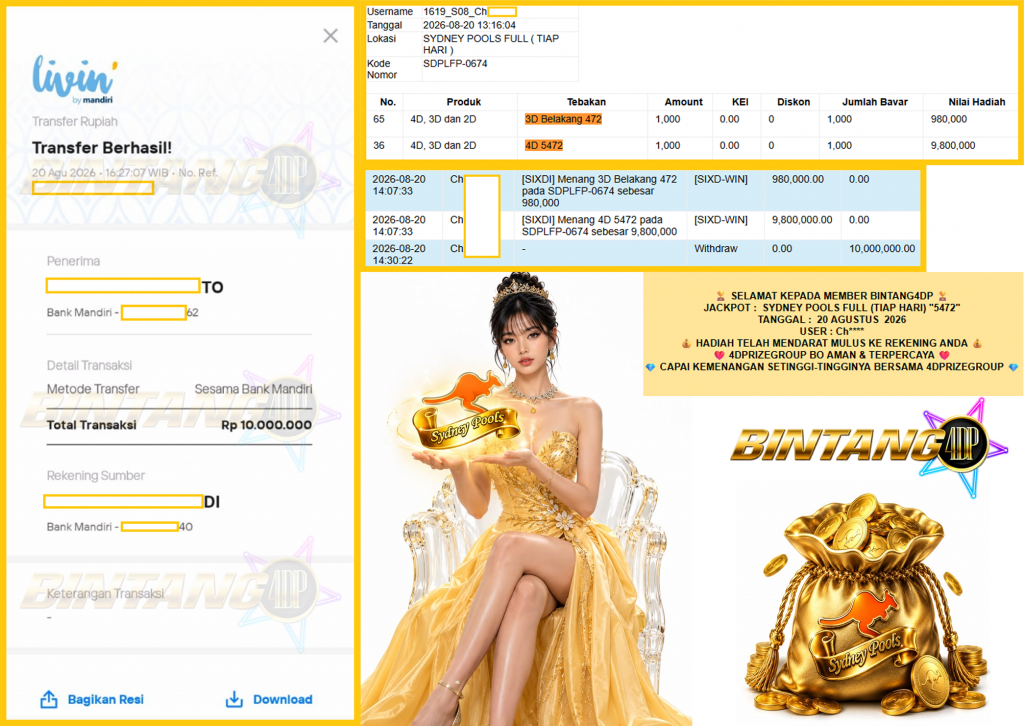 BINTANG4DP JACKPOT SYDNEY POOLS FULL (TIAP HARI) β5472βββββ Rp10.000.000,- LUNAS