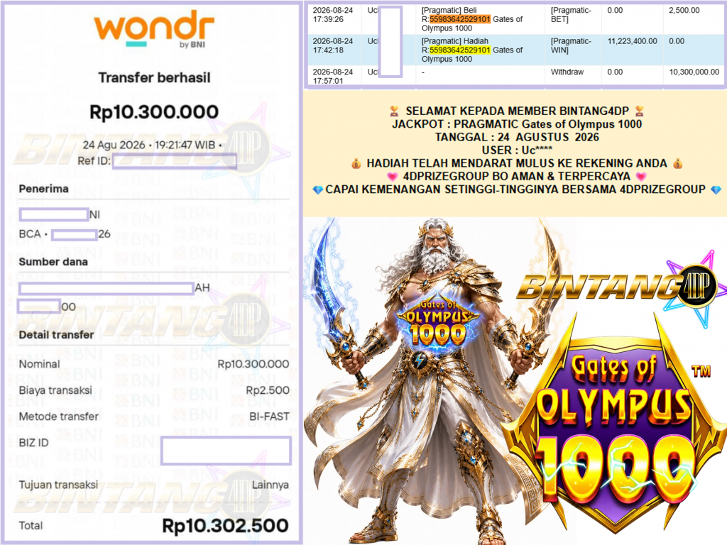 BINTANG4DP JACKPOT PRAGMATIC “Gates of Olympus 1000″‎‏‏‎‎ Rp10.300.000,- LUNAS