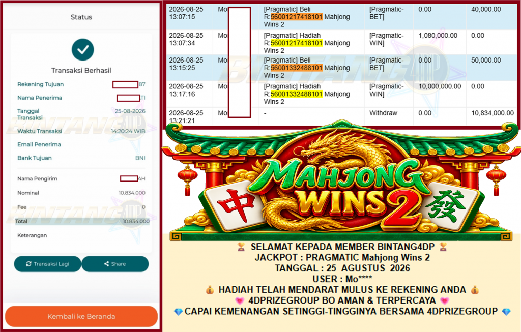 BINTANG4DP JACKPOT PRAGMATIC “Mahjong Wins 2″ Rp10.834.000,- LUNAS