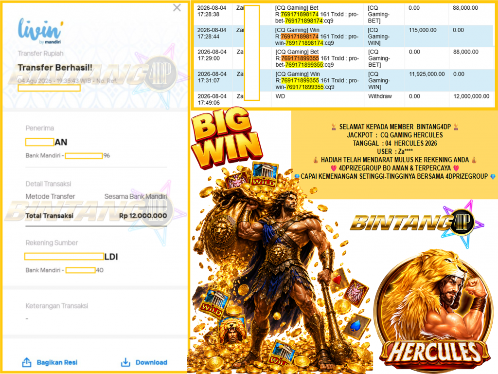 BINTANG4DP JACKPOT CQ GAMING βHERCULESβ Rp12.000.000,- LUNAS