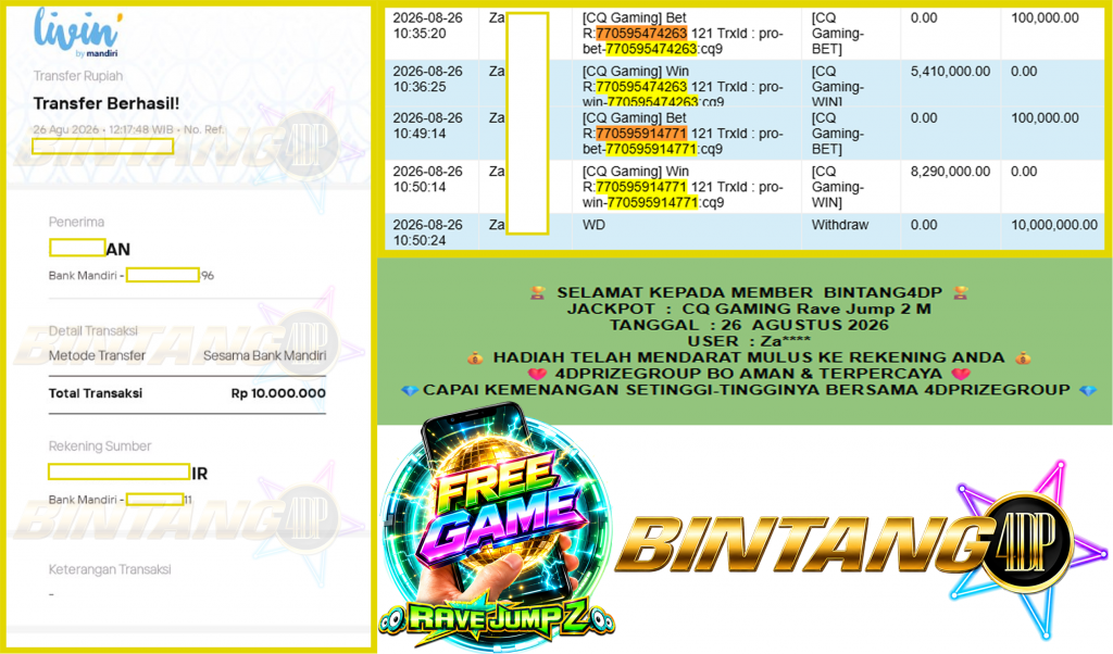 BINTANG4DP JACKPOT CQ GAMING βRave Jump 2 Mβ Rp10.000.000,- LUNAS