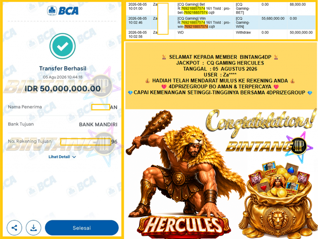 BINTANG4DP JACKPOT CQ GAMING “HERCULES” Rp50.000.000,- LUNAS