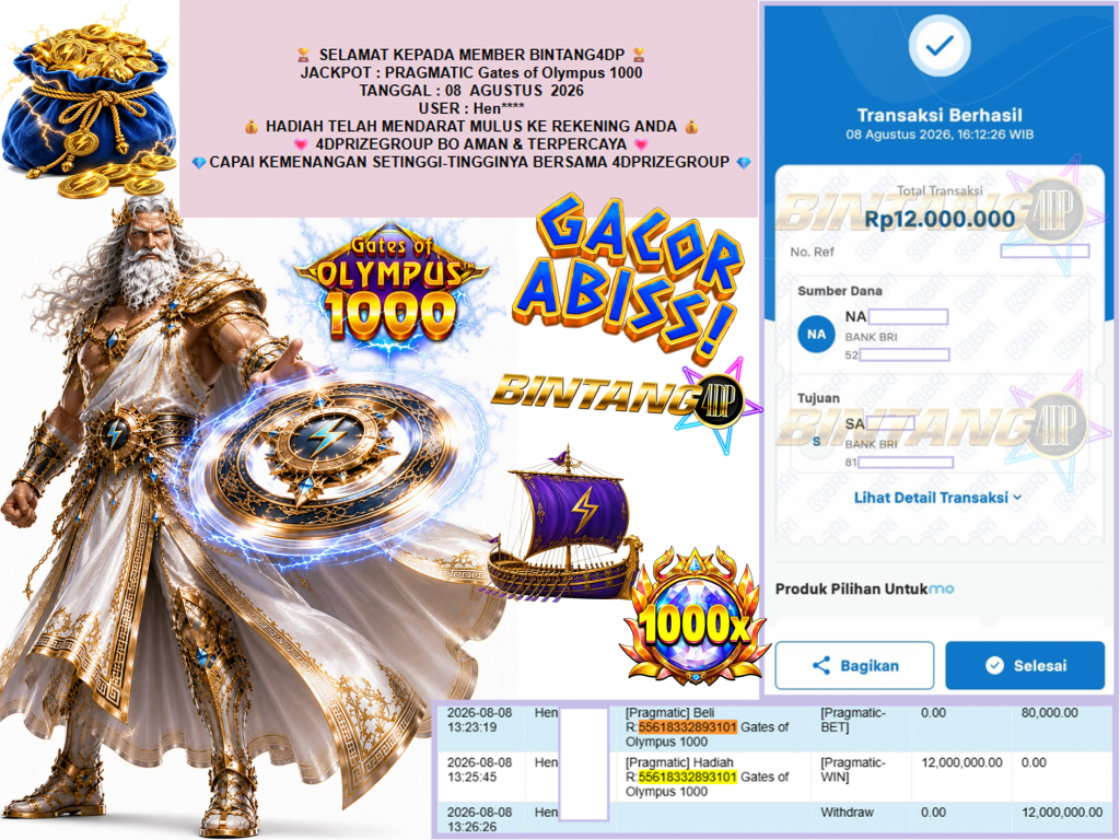BINTANG4DP JACKPOT PRAGMATIC “Gates of Olympus 1000″ Rp12.000.000,- LUNAS