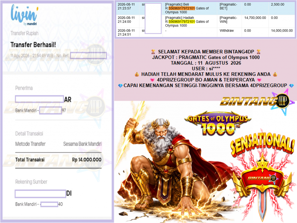 BINTANG4DP JACKPOT PRAGMATIC “Gates of Olympus 1000″ Rp14.000.000,- LUNAS