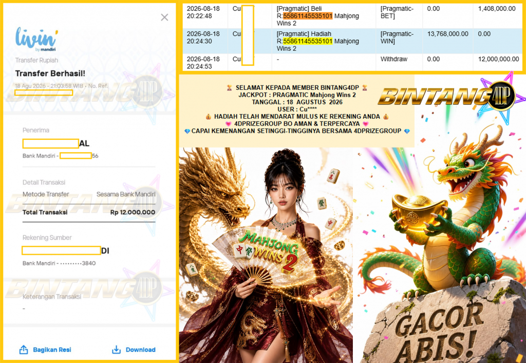 BINTANG4DP JACKPOT PRAGMATIC “Mahjong Wins 2″ Rp12.000.000,- LUNAS
