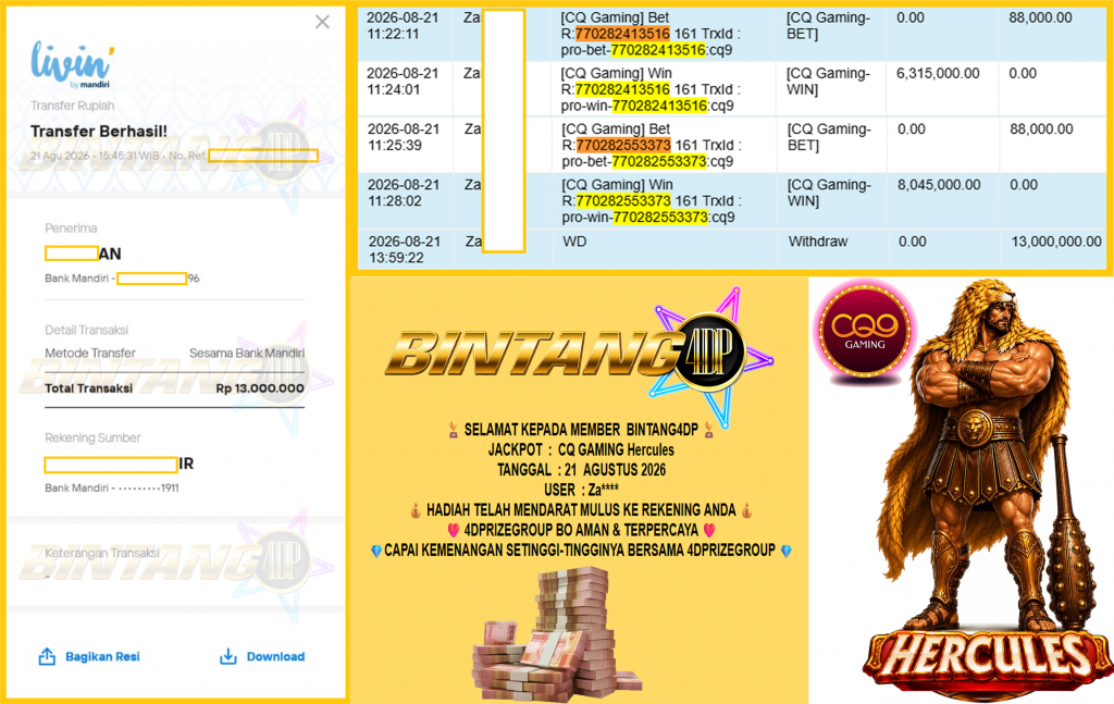 BINTANG4DP JACKPOT CQ GAMING “Hercules” Rp13.000.000,- LUNAS