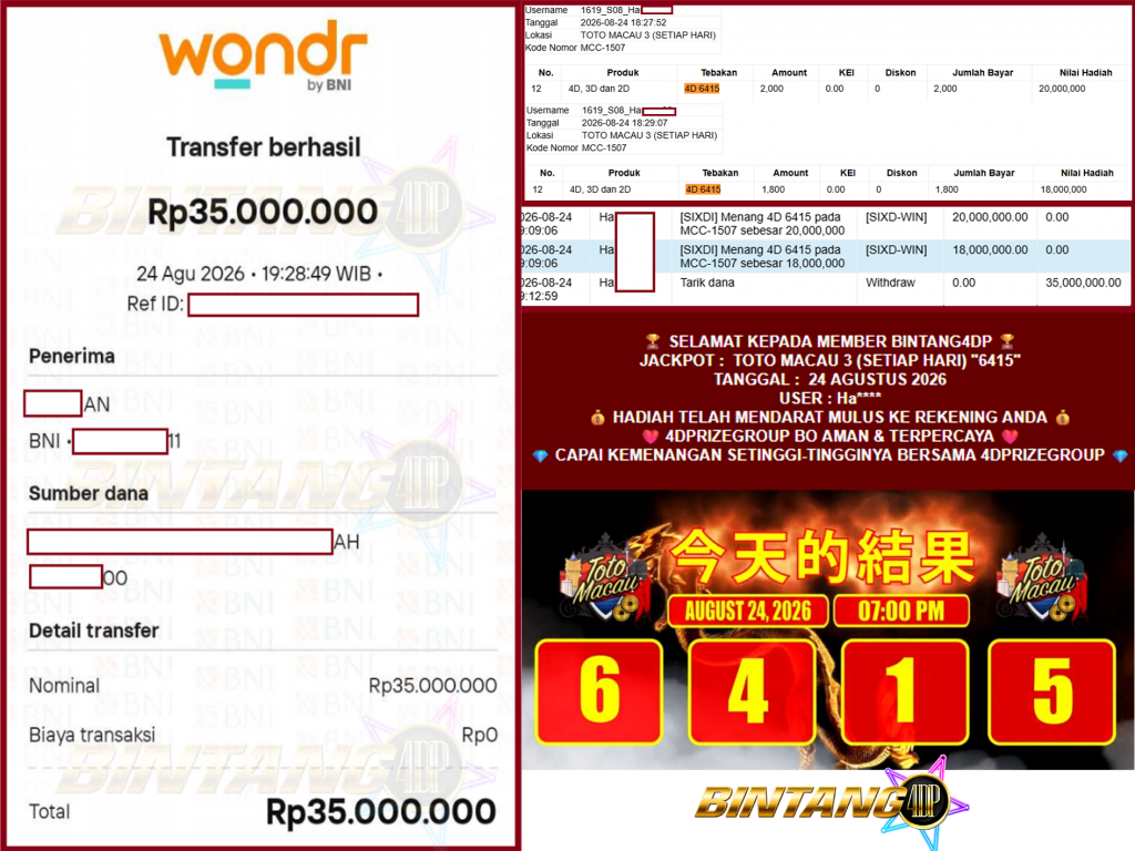 BINTANG4DP JACKPOT TOTO MACAU 3 (SETIAP HARI) “6415”‎‏‏‎ Rp35.000.000,- LUNAS
