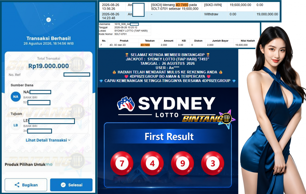 BINTANG4DP JACKPOT SYDNEY LOTTO (TIAP HARI) β7493βββββ Rp26.000.000,- LUNAS