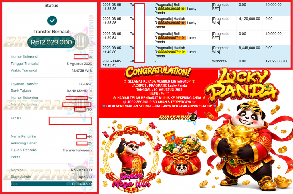BINTANG4DP JACKPOT PRAGMATIC “Lucky Panda”‎‏‏‎‎ Rp12.029.000,- LUNAS
