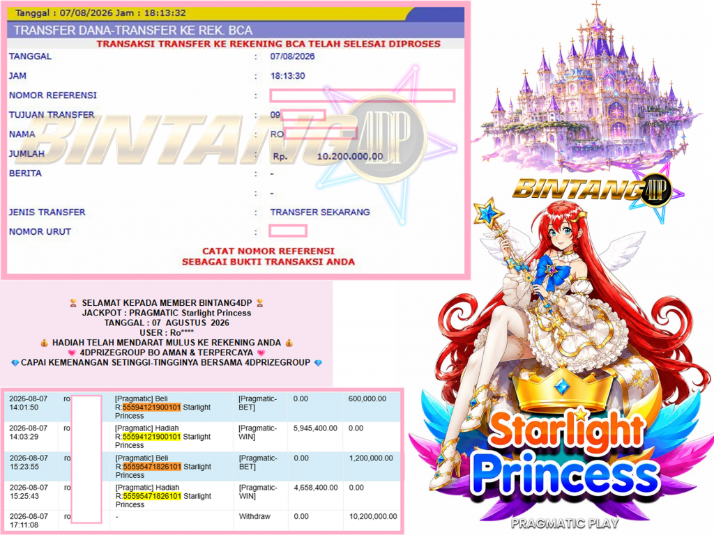 BINTANG4DP JACKPOT PRAGMATIC “Starlight Princess” Rp10.200.000,- LUNAS