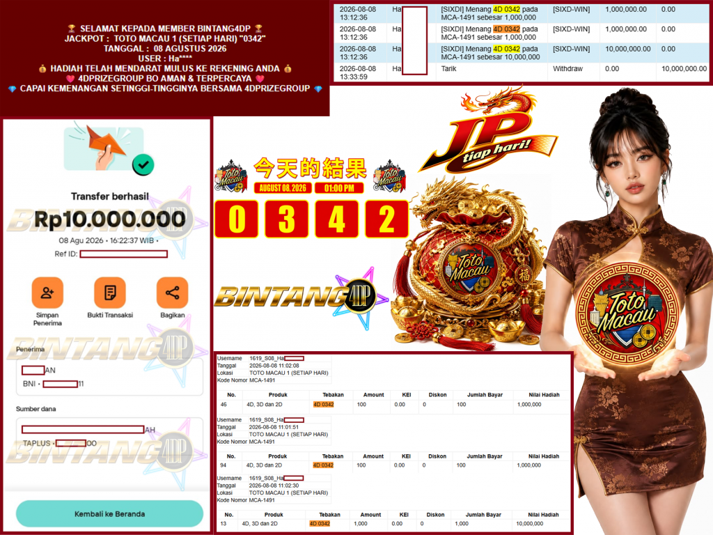 BINTANG4DP JACKPOT TOTO MACAU 1 (SETIAP HARI) “0342”‎‏‏‎ Rp10.000.000,- LUNAS