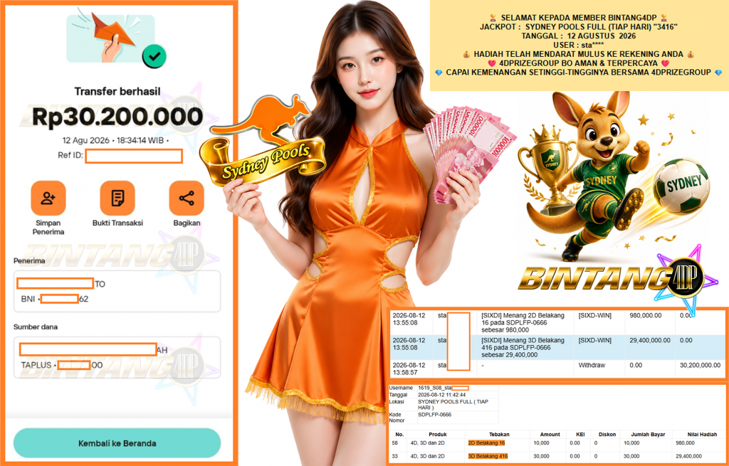 BINTANG4DP JACKPOT SYDNEY POOLS FULL (TIAP HARI) “3416”‎‏‏‎ Rp30.200.000,- LUNAS