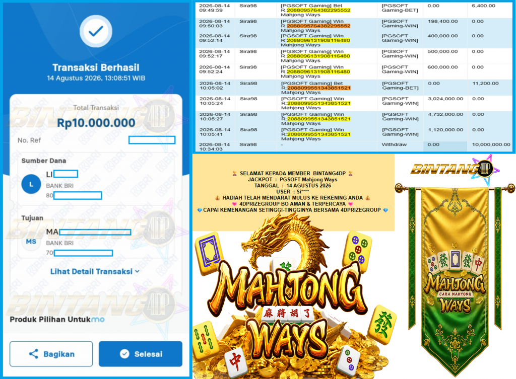 BINTANG4DP JACKPOT PGSOFT “Mahjong Ways”‎‎‏‏ ‎‎‏‏‎‎‏‏Rp10.000.000,- LUNAS