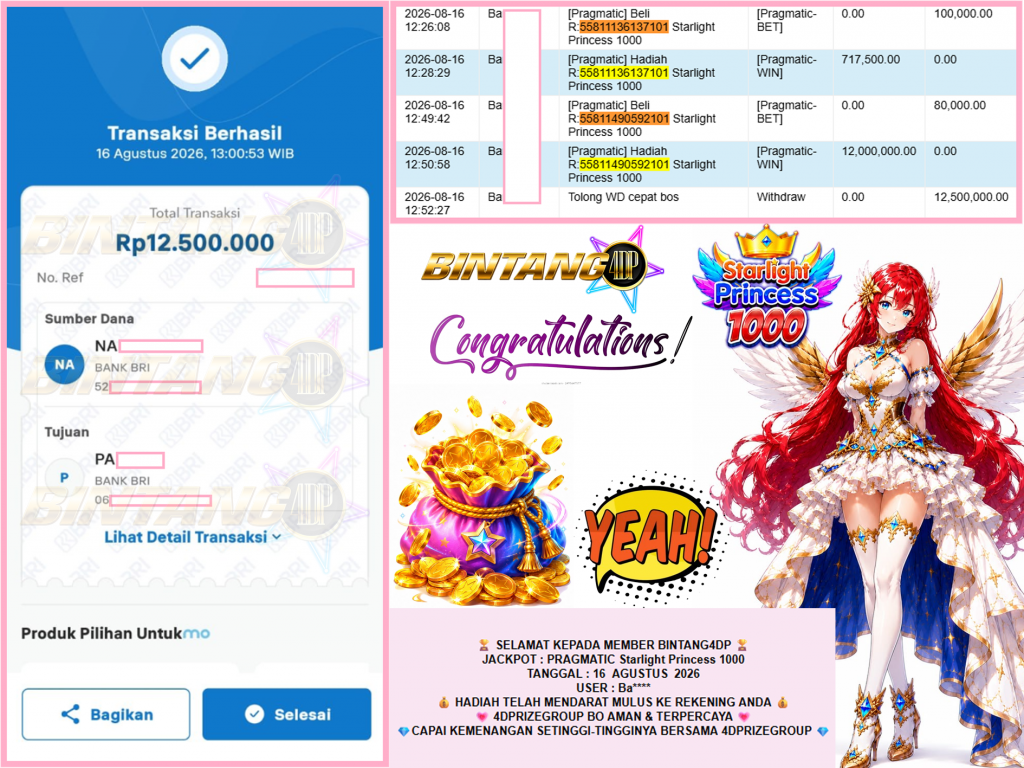 BINTANG4DP JACKPOT PRAGMATIC “Starlight Princess 1000″ Rp12.500.000,- LUNAS
