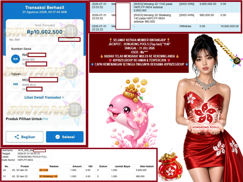 BINTANG4DP JACKPOT HONGKONG POOLS (Tiap hari) “1140”‎‏‏‎‎ Rp10.600.000,- LUNAS
