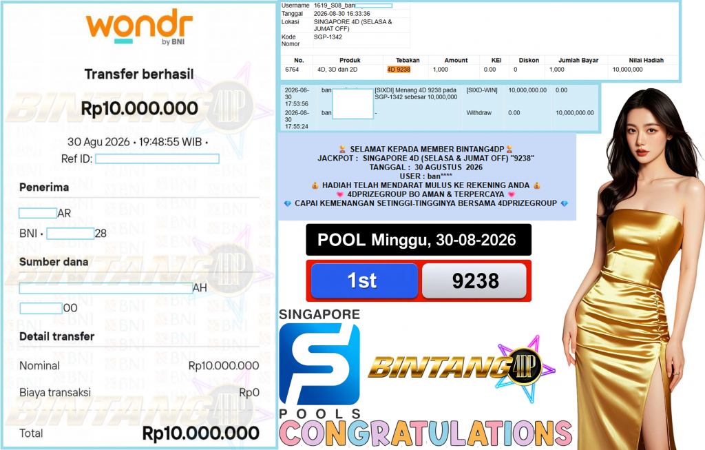 BINTANG4DP JACKPOT SINGAPORE 4D (SELASA & JUMAT OFF) “9238”‎‏‏‎ Rp10.000.000,- LUNAS