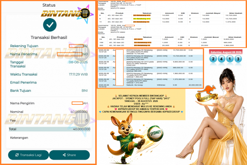 BINTANG4DP JACKPOT SYDNEY POOLS FULL (TIAP HARI) “2413”‎‏‏‎ Rp40.000.000,- LUNAS