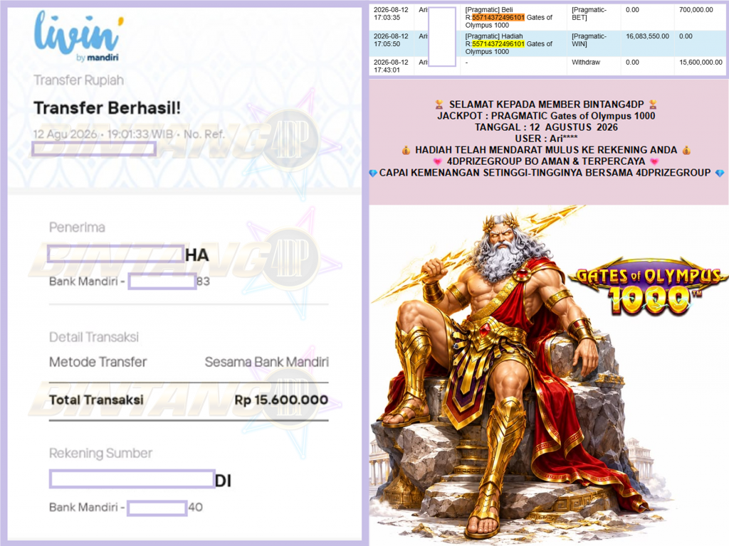 BINTANG4DP JACKPOT PRAGMATIC “Gates of Olympus 1000″‎‏‏‎‎ Rp15.600.000,- LUNAS