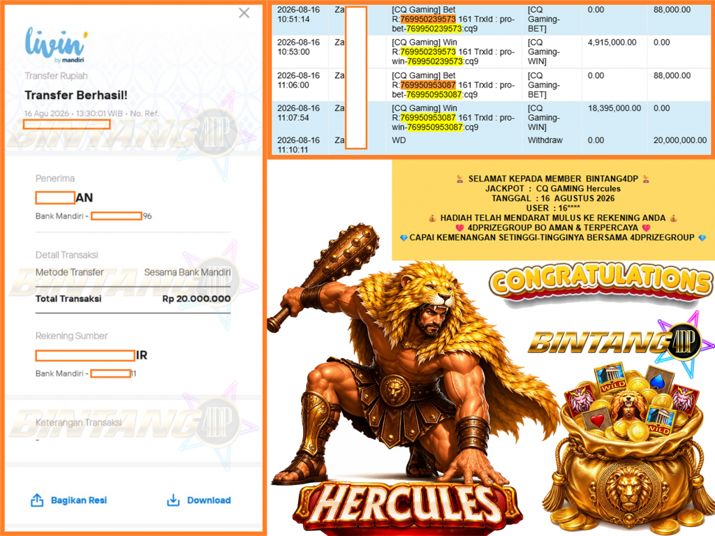 BINTANG4DP JACKPOT CQ GAMING βHerculesβ Rp20.000.000,- LUNAS