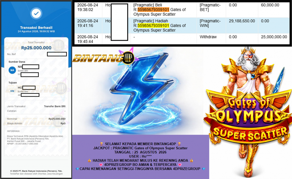 BINTANG4DP JACKPOT PRAGMATIC “Gates of Olympus Super Scatter” Rp25.000.000,- LUNAS