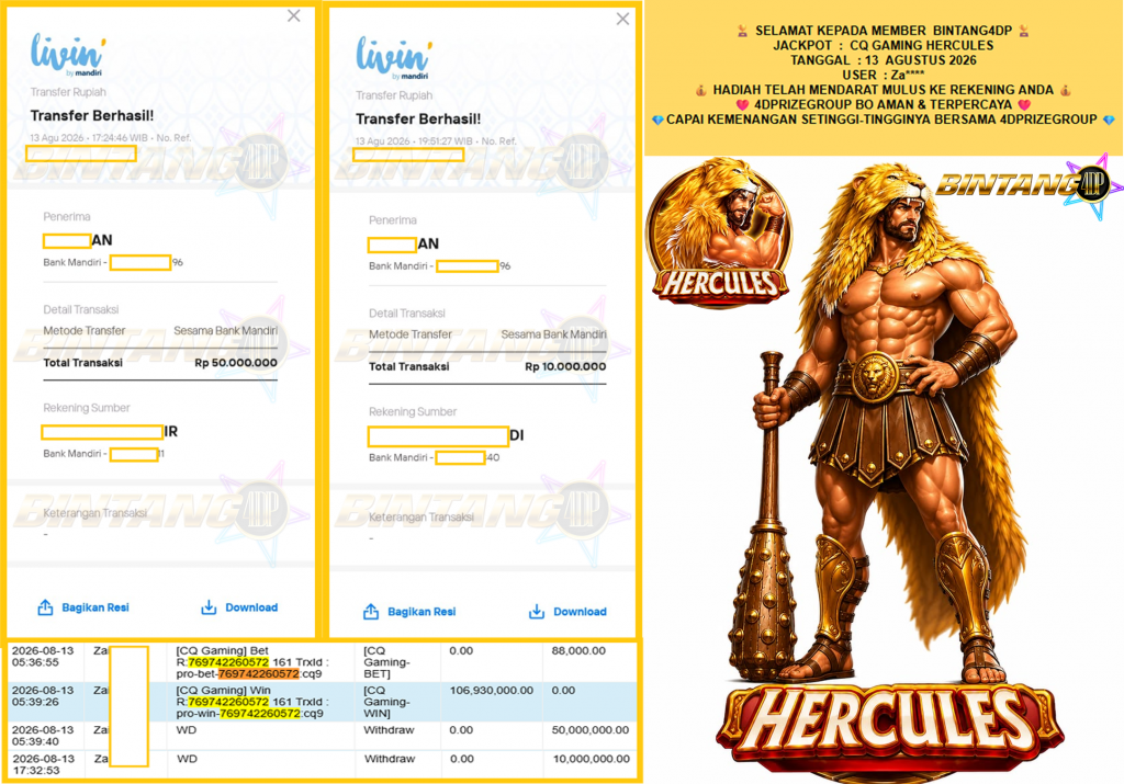 BINTANG4DP JACKPOT CQ GAMING “HERCULES” Rp60.000.000,- LUNAS