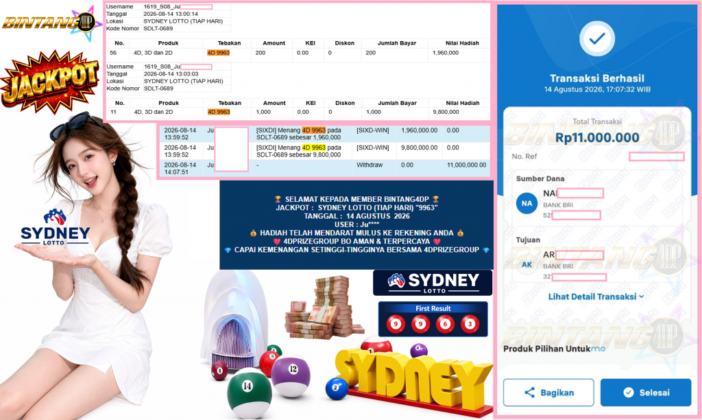 BINTANG4DP JACKPOT SYDNEY LOTTO (TIAP HARI) “9963”‎‏‏‎ Rp11.000.000,- LUNAS