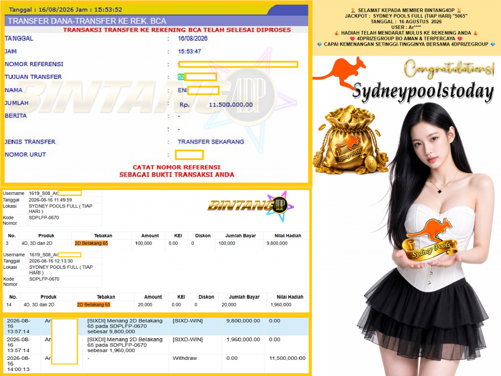 BINTANG4DP JACKPOT SYDNEY POOLS FULL (TIAP HARI) “5065”‎‏‏‎ Rp11.500.000,- LUNAS