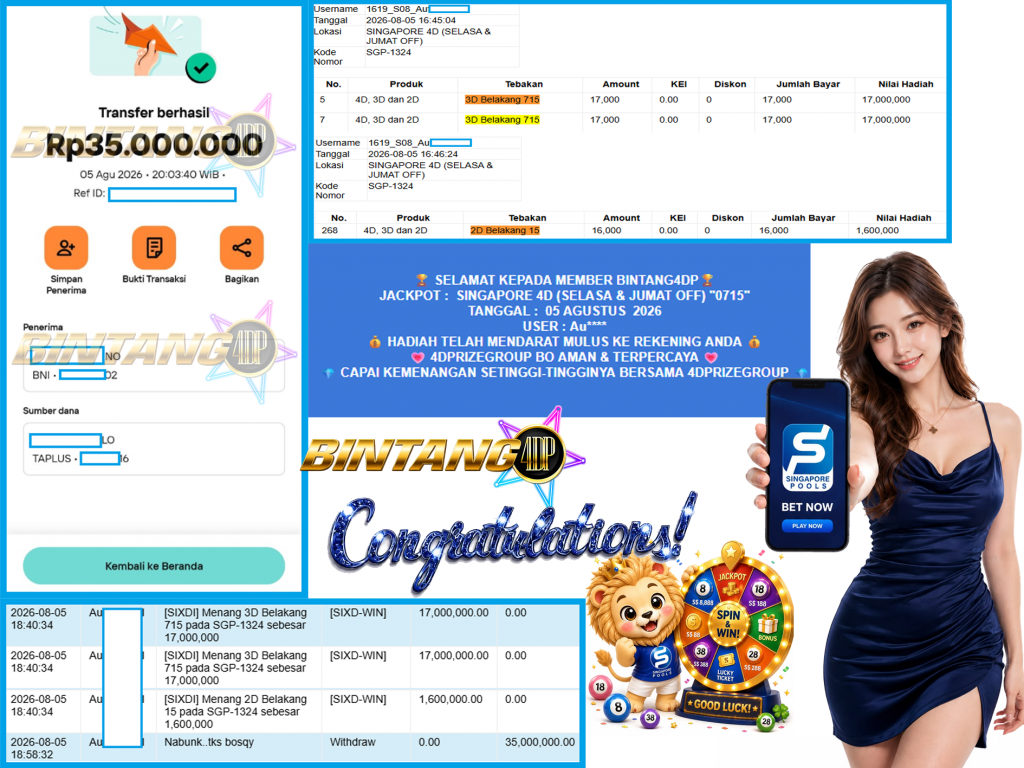 BINTANG4DP JACKPOT SINGAPORE 4D (SELASA & JUMAT OFF) “0715”‎‏‏‎ Rp35.000.000,- LUNAS