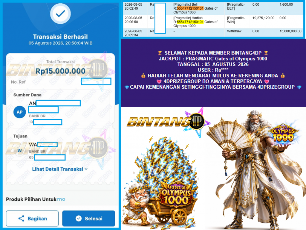 BINTANG4DP JACKPOT PRAGMATIC “Gates of Olympus 1000″ Rp15.000.000,- LUNAS
