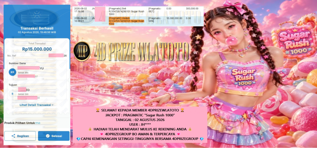 4DPRIZEWLATOTO JACKPOT PRAGMATIC “Sugar Rush 1000” Rp 15,000,000,- LUNAS