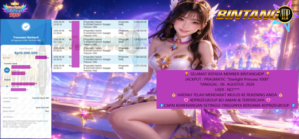 BINTANG4DP JACKPOT PRAGMATIC SLOT “Starlight Princess 1000” Rp 10.000.000,- LUNAS