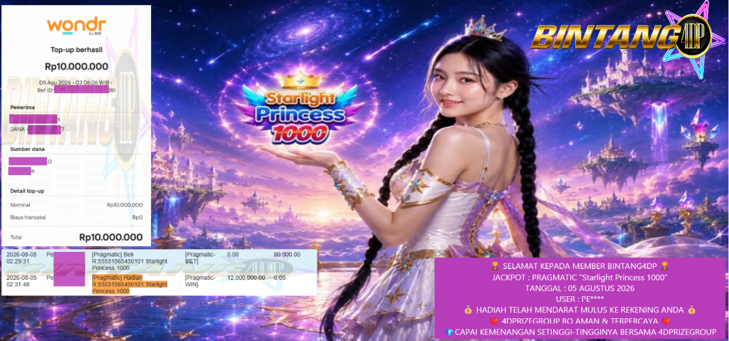 BINTANG4DP JACKPOT PRAGMATIC “Starlight Princess 1000” Rp 10.000.000,- LUNAS