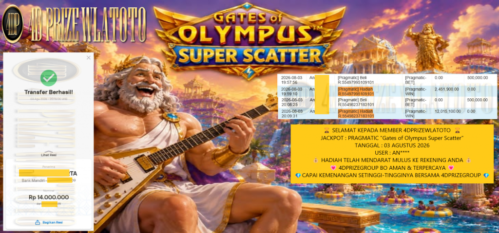 4DPRIZEWLATOTO JACKPOT PRAGMATIC βGates of Olympus Super Scatterβ Rp14.000.000,- LUNAS