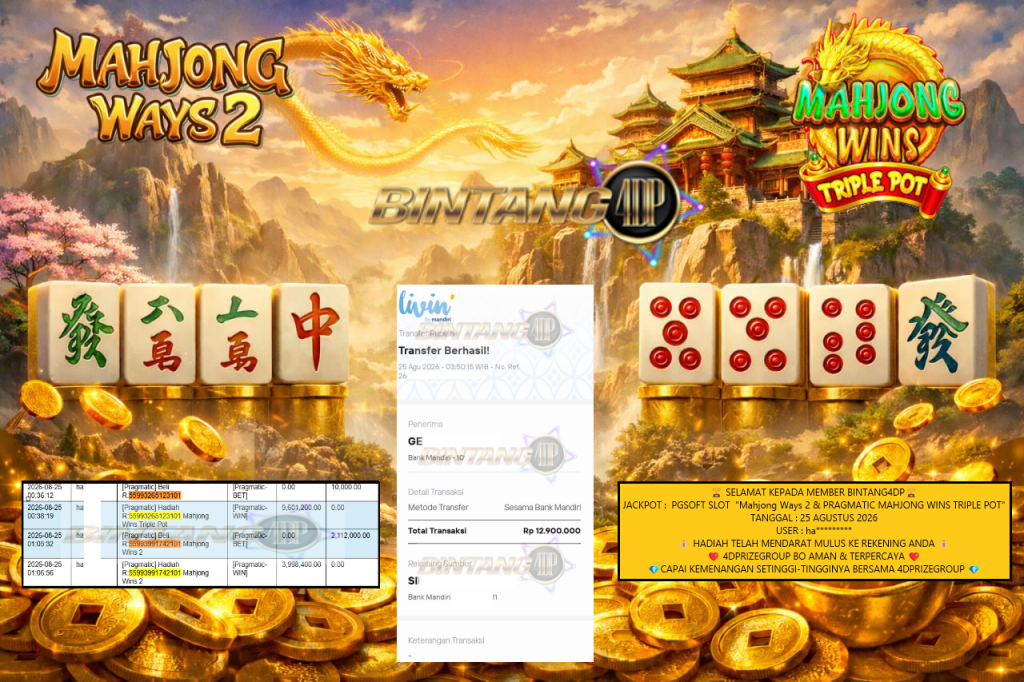 BINTANG4DP JACKPOT PGSOFT SLOT “Mahjong Ways 2 & PRAGMATIC MAHJONG WINS TRIPLE POT” Rp12.900.000,- LUNAS