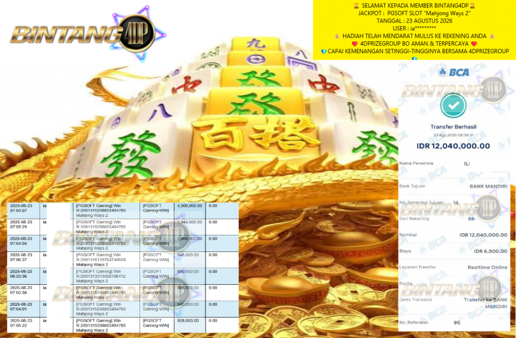 BINTANG4DP JACKPOT PGSOFT SLOT “Mahjong Ways 2” Rp12.040.000,- LUNAS